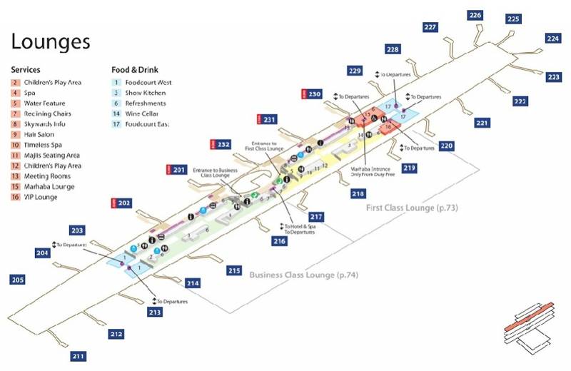 Mapa terminálu 3 - rozdelenie First Class a Business Class Lounge